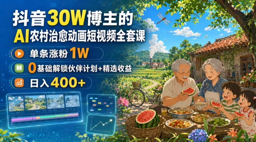 抖音30W博主的AI农村治愈动画短视频全套课｜单条涨粉1W，0基础解锁伙伴计划+精选收益，日入400+ 一点学习助手-零基础自学教程-副业项目-兴趣学习-网盘拉新平台-英语启蒙项目资源网