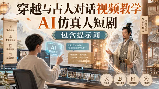 穿越与古人对话视频教学，AI仿真人短剧，包含提示词 一点学习助手-零基础自学教程-副业项目-兴趣学习-网盘拉新平台-英语启蒙项目资源网
