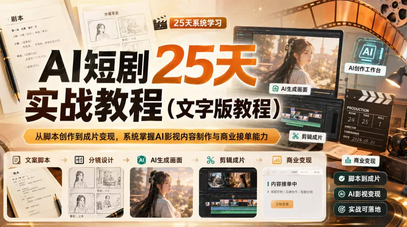 AI短剧25天实战教程(文字版教程)，从脚本创作到成片变现，系统掌握AI影视内容制作与商业接单能力 一点学习助手-零基础自学教程-副业项目-兴趣学习-网盘拉新平台-英语启蒙项目资源网