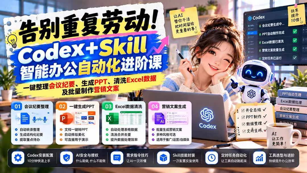 告别重复劳动！Codex+Skill智能办公自动化进阶课：一键整理会议纪要、生成PPT、清洗Excel数据及批量制作营销文案 一点学习助手-零基础自学教程-副业项目-兴趣学习-网盘拉新平台-英语启蒙项目资源网