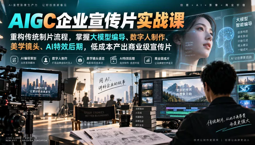 AIGC企业宣传片实战课，重构传统制片流程，掌握大模型编导、数字人制作、美学镜头、AI特效后期，低成本产出商业级宣传片 一点学习助手-零基础自学教程-副业项目-兴趣学习-网盘拉新平台-英语启蒙项目资源网