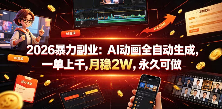 2026暴力副业：AI动画全自动生成，一单上千，月稳2W，永久可做【揭秘】 一点学习助手-零基础自学教程-副业项目-兴趣学习-网盘拉新平台-英语启蒙项目资源网