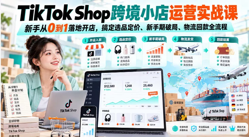 TikTok Shop跨境小店运营实战课，新手从0到1落地开店，搞定选品定价、新手期破局、物流回款全流程 一点学习助手-零基础自学教程-副业项目-兴趣学习-网盘拉新平台-英语启蒙项目资源网