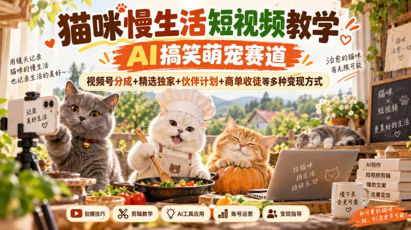 猫咪慢生活短视频教学，AI搞笑萌宠赛道，视频号分成+精选独家+伙伴计划+商单收徒等多种变现方式 一点学习助手-零基础自学教程-副业项目-兴趣学习-网盘拉新平台-英语启蒙项目资源网