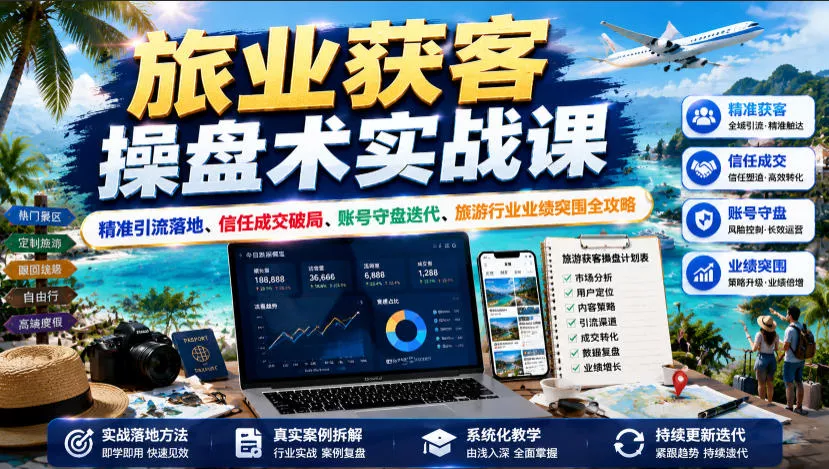 旅业获客操盘术实战课｜精准引流落地、信任成交破局、账号守盘迭代、旅游行业业绩突围全攻略 一点学习助手-零基础自学教程-副业项目-兴趣学习-网盘拉新平台-英语启蒙项目资源网