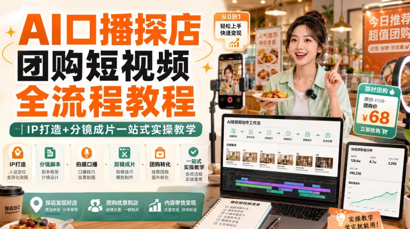 AI口播探店团购短视频全流程教程｜IP打造+分镜成片一站式实操教学 一点学习助手-零基础自学教程-副业项目-兴趣学习-网盘拉新平台-英语启蒙项目资源网