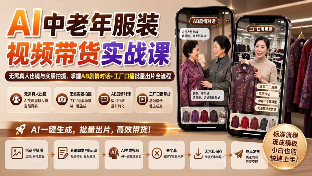 AI中老年服装视频带货实战课：无需真人出镜与实景拍摄，掌握AB剧情对话+工厂口播批量出片全流程 一点学习助手-零基础自学教程-副业项目-兴趣学习-网盘拉新平台-英语启蒙项目资源网