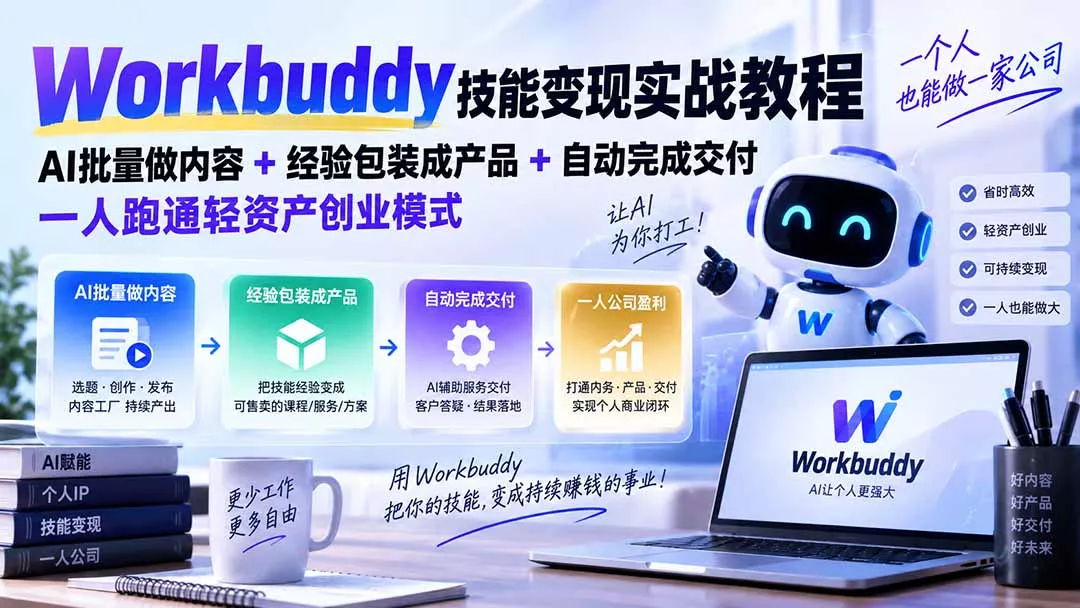 Workbuddy技能变现实战教程：AI批量做内容+经验包装成产品+自动完成交付，一人跑通轻资产创业模式 一点学习助手-零基础自学教程-副业项目-兴趣学习-网盘拉新平台-英语启蒙项目资源网