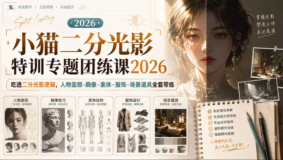 小猫二分光影特训专题团练课2026｜吃透二分光影逻辑，人物面部‑胸像‑素体‑服饰‑场景道具全套带练，高清画质附赠课件与笔刷 一点学习助手-零基础自学教程-副业项目-兴趣学习-网盘拉新平台-英语启蒙项目资源网