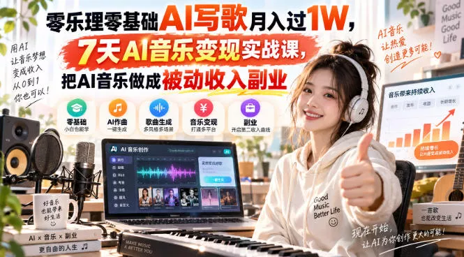 零乐理零基础AI写歌月入过1W，7天AI音乐变现实战课，把AI音乐做成被动收入副业 一点学习助手-零基础自学教程-副业项目-兴趣学习-网盘拉新平台-英语启蒙项目资源网