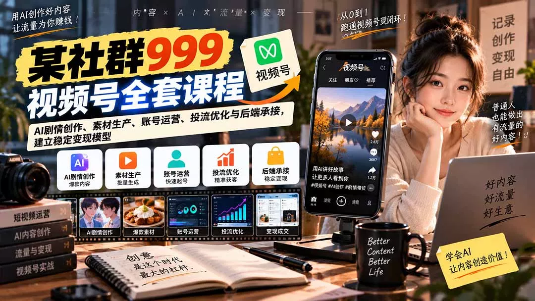 【无水印】某社群999视频号全套课程：AI剧情创作、素材生产、账号运营、投流优化与后端承接，建立稳定变现模型 一点学习助手-零基础自学教程-副业项目-兴趣学习-网盘拉新平台-英语启蒙项目资源网