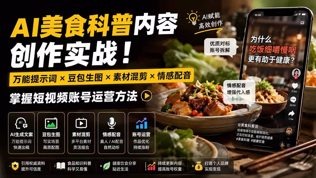 外面卖199元-AI美食科普内容创作实战！万能提示词×豆包生图×素材混剪×情感配音，掌握短视频账号运营方法 一点学习助手-零基础自学教程-副业项目-兴趣学习-网盘拉新平台-英语启蒙项目资源网