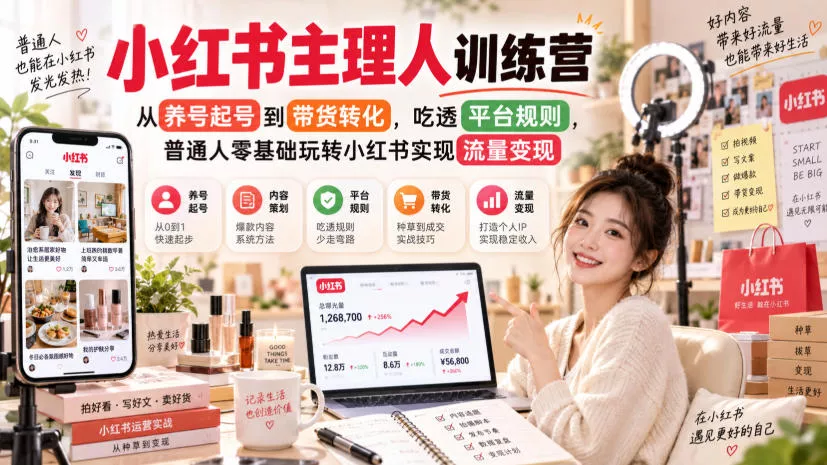 小红书主理人训练营，从养号起号到带货转化，吃透平台规则，普通人零基础玩转小红书实现流量变现 一点学习助手-零基础自学教程-副业项目-兴趣学习-网盘拉新平台-英语启蒙项目资源网