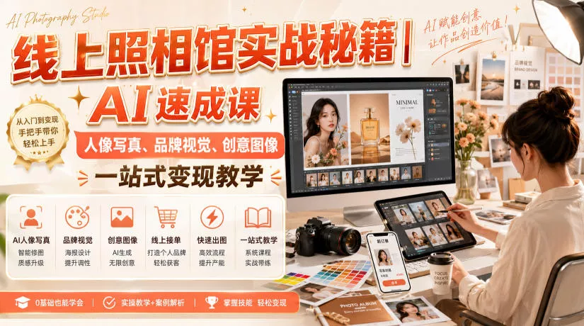 线上照相馆实战秘籍｜AI速成课，人像写真、品牌视觉、创意图像一站式变现教学 一点学习助手-零基础自学教程-副业项目-兴趣学习-网盘拉新平台-英语启蒙项目资源网