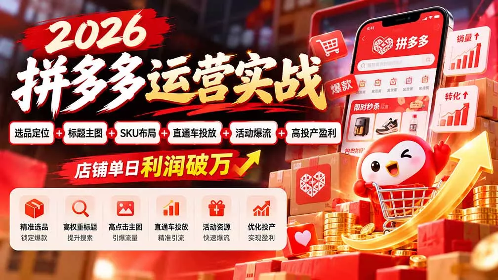 2026拼多多运营实战-更新1002：选品定位+标题主图+SKU布局+直通车投放+活动爆流+高投产盈利 店铺单日利润破万 一点学习助手-零基础自学教程-副业项目-兴趣学习-网盘拉新平台-英语启蒙项目资源网