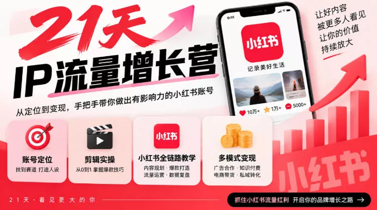 21天IP流量增长营，小红书全链路教学，账号定位剪辑实操，多模式变现系统课 一点学习助手-零基础自学教程-副业项目-兴趣学习-网盘拉新平台-英语启蒙项目资源网