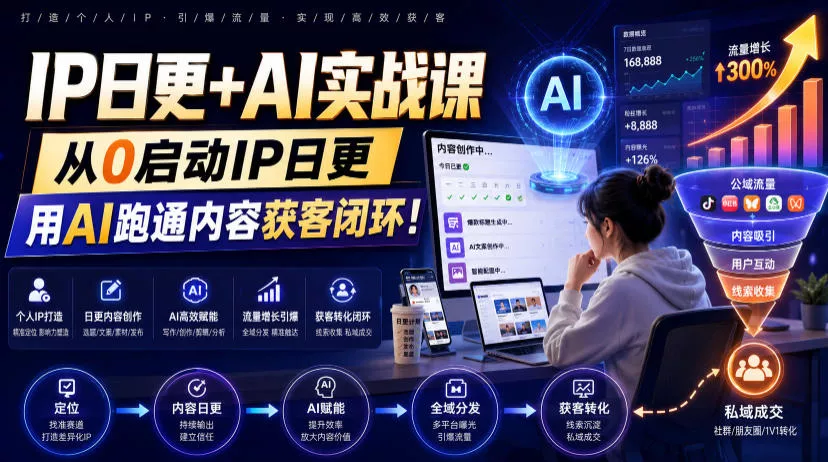 IP日更+AI实战课，从0启动IP日更，IP置顶视频制作+100条选题库搭建+10条日更规划，用AI跑通内容获客闭环! 一点学习助手-零基础自学教程-副业项目-兴趣学习-网盘拉新平台-英语启蒙项目资源网