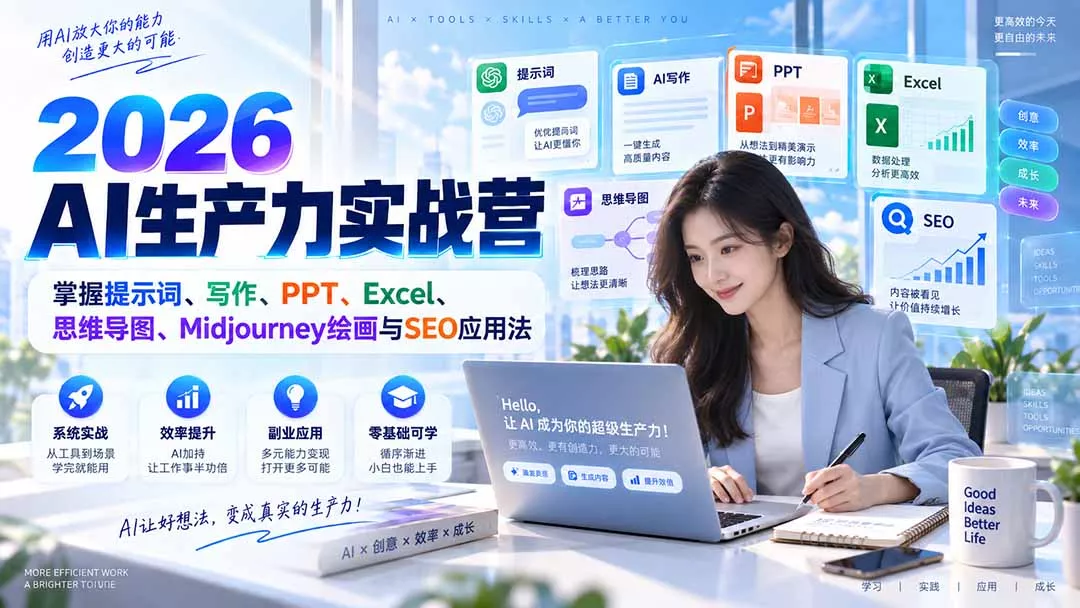 2026AI生产力实战营：掌握提示词、写作、PPT、Excel、思维导图、Midjourney绘画与SEO应用法 一点学习助手-零基础自学教程-副业项目-兴趣学习-网盘拉新平台-英语启蒙项目资源网