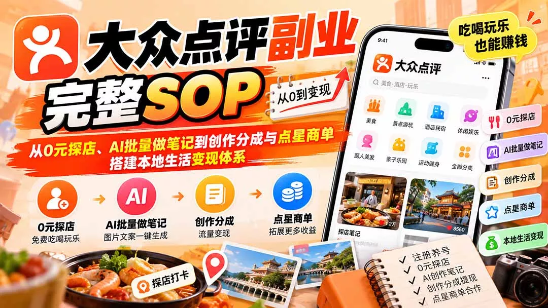 【无水印】大众点评副业完整SOP：从0元探店、AI批量做笔记到创作分成与点星商单，搭建本地生活变现体系 一点学习助手-零基础自学教程-副业项目-兴趣学习-网盘拉新平台-英语启蒙项目资源网