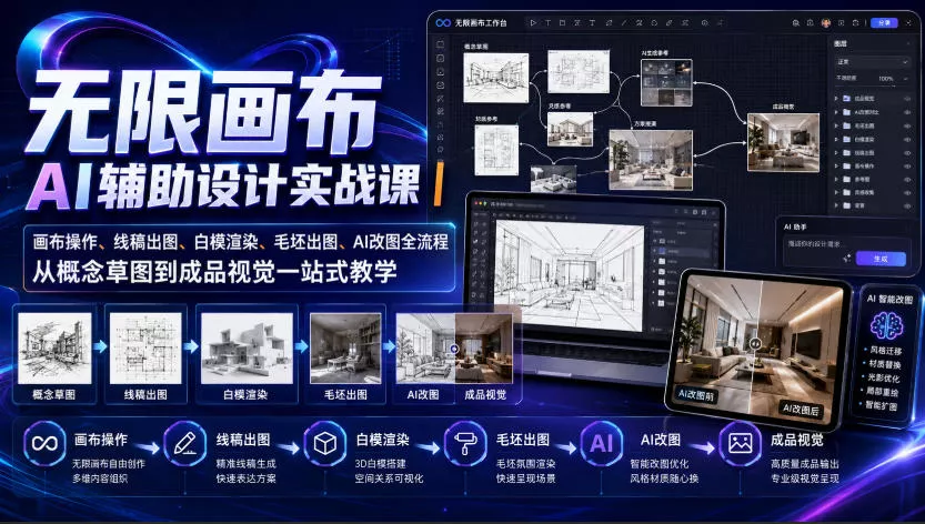 无限画布AI辅助设计实战课｜画布操作、线稿出图、白模渲染、毛坯出图、AI改图全流程，从概念草图到成品视觉一站式教学 一点学习助手-零基础自学教程-副业项目-兴趣学习-网盘拉新平台-英语启蒙项目资源网