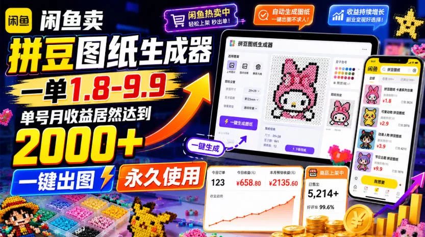 闲鱼卖拼豆图纸生成器，一单1.8-9.9，单号月收益居然达到2000+一键出图永久使用 一点学习助手-零基础自学教程-副业项目-兴趣学习-网盘拉新平台-英语启蒙项目资源网