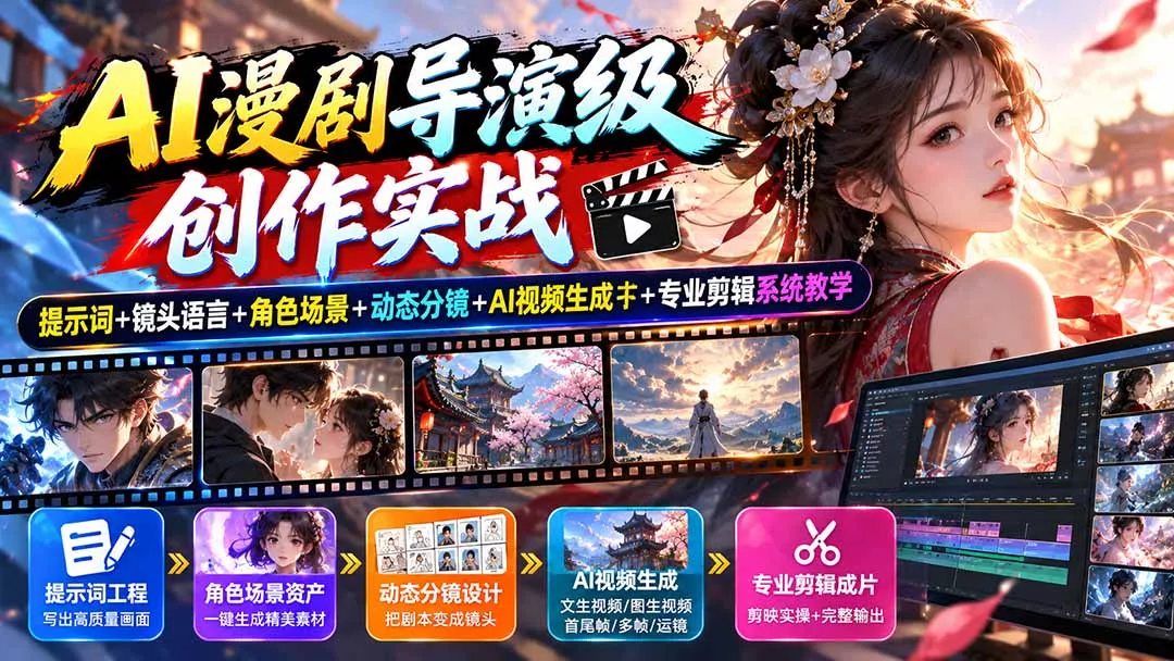 AI漫剧导演级创作实战：提示词+镜头语言+角色场景+动态分镜+AI视频生成+专业剪辑系统教学 一点学习助手-零基础自学教程-副业项目-兴趣学习-网盘拉新平台-英语启蒙项目资源网