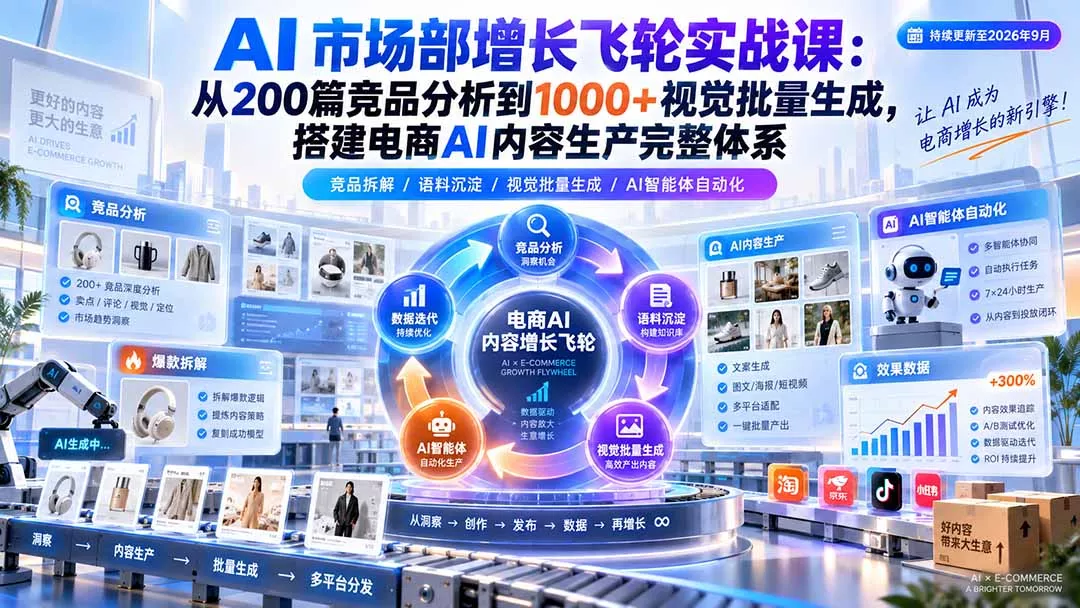 AI 市场部增长飞轮实战课：从200篇竞品分析到1000+视觉批量生成，搭建电商AI内容生产完整体系 一点学习助手-零基础自学教程-副业项目-兴趣学习-网盘拉新平台-英语启蒙项目资源网