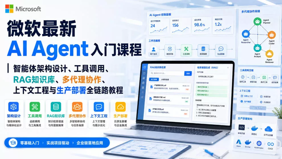 微软最新AI Agent入门课程｜智能体架构设计、工具调用、RAG知识库、多代理协作、上下文工程与生产部署全链路教程【英文】 一点学习助手-零基础自学教程-副业项目-兴趣学习-网盘拉新平台-英语启蒙项目资源网