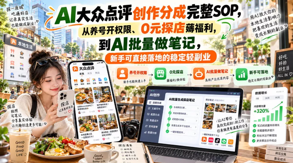 【无水印】AI大众点评创作分成完整SOP，从养号开权限、0元探店薅福利，到AI批量做笔记，新手可直接落地的稳定轻副业 一点学习助手-零基础自学教程-副业项目-兴趣学习-网盘拉新平台-英语启蒙项目资源网