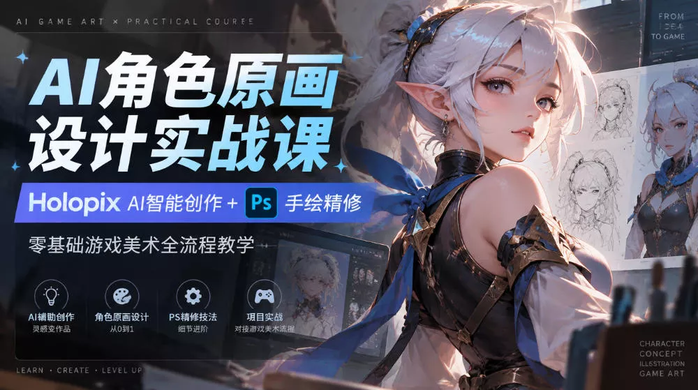 AI角色原画设计实战课｜Holopix AI智能创作+PS手绘精修，零基础游戏美术全流程教学 一点学习助手-零基础自学教程-副业项目-兴趣学习-网盘拉新平台-英语启蒙项目资源网