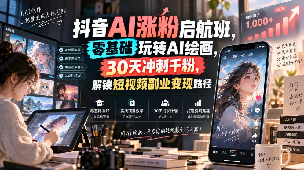 抖音AI涨粉启航班，零基础玩转AI绘画，30天冲刺千粉，解锁短视频副业变现路径 一点学习助手-零基础自学教程-副业项目-兴趣学习-网盘拉新平台-英语启蒙项目资源网