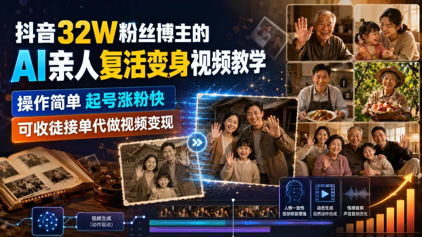 抖音32W粉丝博主的AI亲人复活变身视频教学，操作简单，起号涨粉快，可收徒接单代做视频变现 一点学习助手-零基础自学教程-副业项目-兴趣学习-网盘拉新平台-英语启蒙项目资源网