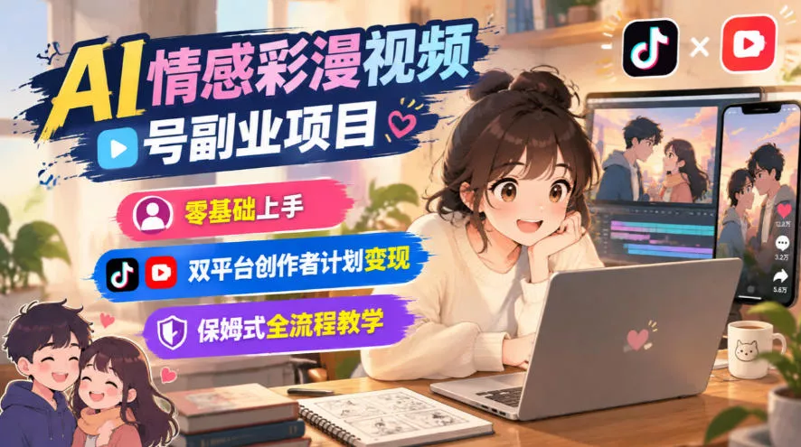 AI情感彩漫视频号副业项目，零基础上手，双平台创作者计划变现，保姆式全流程教学 一点学习助手-零基础自学教程-副业项目-兴趣学习-网盘拉新平台-英语启蒙项目资源网
