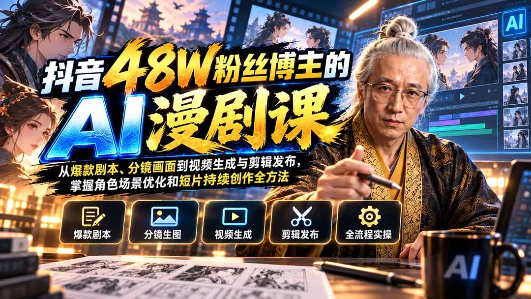 抖音48W粉丝博主的AI漫剧课：从爆款剧本、分镜画面到视频生成与剪辑发布，掌握角色场景优化和短片持续创作全方法 一点学习助手-零基础自学教程-副业项目-兴趣学习-网盘拉新平台-英语启蒙项目资源网