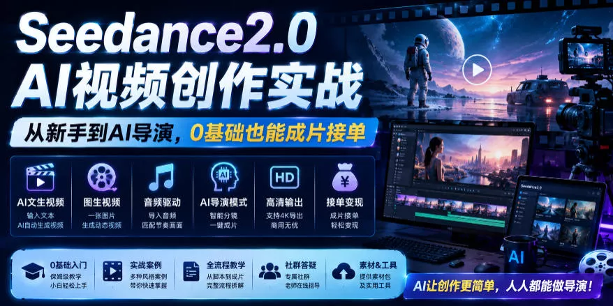 Seedance2.0 AI视频创作实战，从新手到AI导演，0基础也能成片接单变现 一点学习助手-零基础自学教程-副业项目-兴趣学习-网盘拉新平台-英语启蒙项目资源网