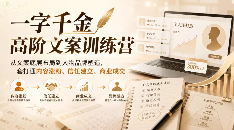 一字千金高阶文案训练营，从文案底层布局到人物品牌塑造，一套打通内容涨粉、信任建立、商业成交 一点学习助手-零基础自学教程-副业项目-兴趣学习-网盘拉新平台-英语启蒙项目资源网