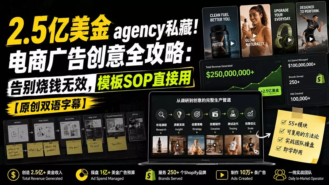 2.5亿美金agency私藏！电商广告创意全攻略：告别烧钱无效，模板SOP直接用【原创双语字幕】 一点学习助手-零基础自学教程-副业项目-兴趣学习-网盘拉新平台-英语启蒙项目资源网