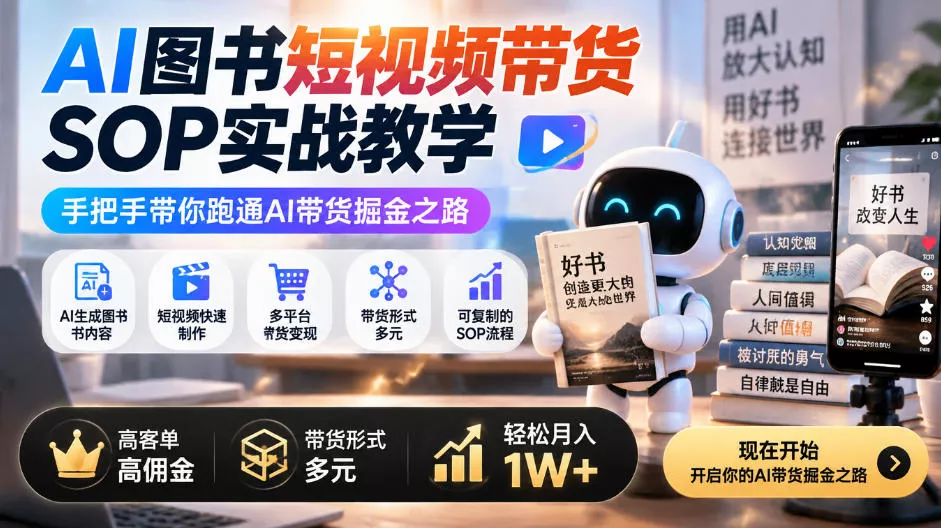 AI图书短视频带货SOP实战教学，手把手带你跑通AI带货掘金之路，高客单高佣金，带货形式多元，轻松月入1W+ 一点学习助手-零基础自学教程-副业项目-兴趣学习-网盘拉新平台-英语启蒙项目资源网