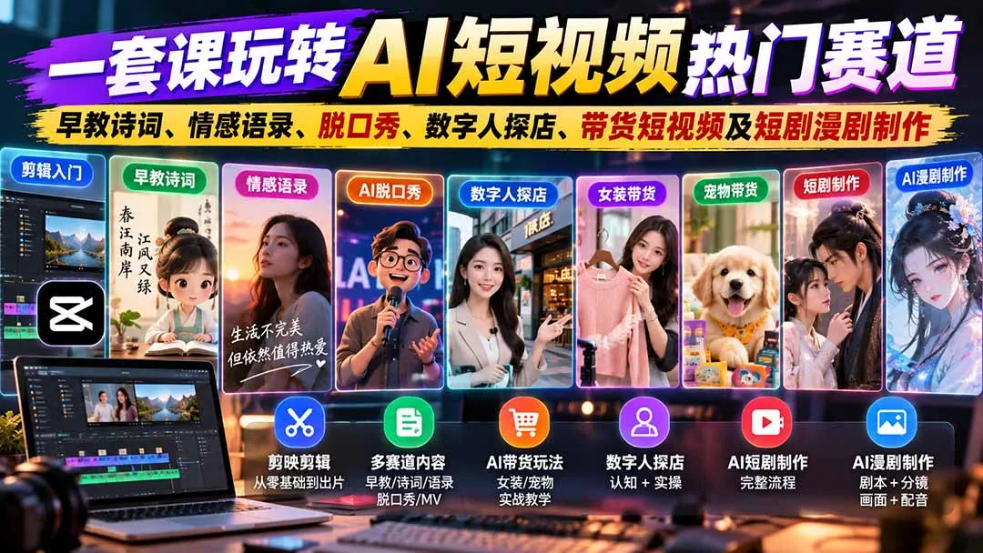 一套课玩转AI短视频热门赛道：早教诗词、情感语录、脱口秀、数字人探店、带货短视频及短剧漫剧制作 复制标题 一点学习助手-零基础自学教程-副业项目-兴趣学习-网盘拉新平台-英语启蒙项目资源网