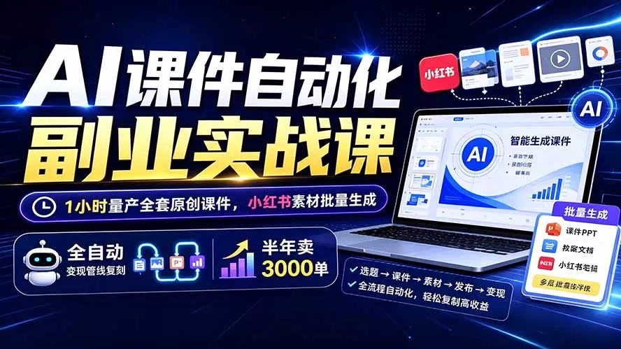 AI课件自动化副业实战课：1小时量产全套原创课件×小红书素材批量生成×全自动变现管线×半年卖3000单 一点学习助手-零基础自学教程-副业项目-兴趣学习-网盘拉新平台-英语启蒙项目资源网