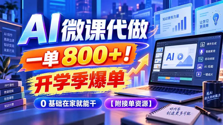 AI 微课代做，一单 800+！开学季爆单，0 基础在家就能干【附接单资源】 一点学习助手-零基础自学教程-副业项目-兴趣学习-网盘拉新平台-英语启蒙项目资源网