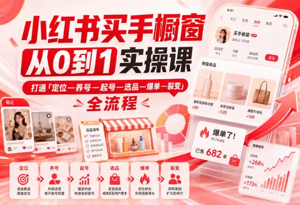 小红书买手橱窗从0到1实操课，打通「定位—养号—起号—选品—爆单—裂变」全流程 一点学习助手-零基础自学教程-副业项目-兴趣学习-网盘拉新平台-英语启蒙项目资源网