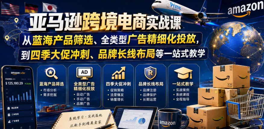 亚马逊跨境电商实战课，从蓝海产品筛选、全类型广告精细化投放，到四季大促冲刺、品牌长线布局等一站式教学(更新8月) 一点学习助手-零基础自学教程-副业项目-兴趣学习-网盘拉新平台-英语启蒙项目资源网