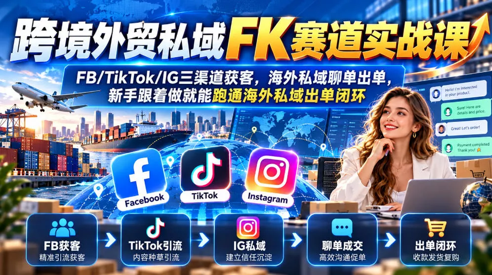 跨境外贸私域FK赛道实战课｜FB/TikTok/IG三渠道获客，海外私域聊单出单，新手跟着做就能跑通海外私域出单闭环 一点学习助手-零基础自学教程-副业项目-兴趣学习-网盘拉新平台-英语启蒙项目资源网