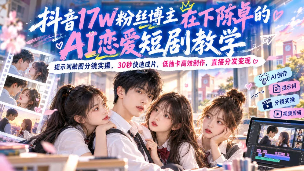 抖音17W粉丝博主在下陈卓的AI恋爱短剧教学，提示词融图分镜实操，30秒快速成片，低抽卡高效制作，直接分发变现 一点学习助手-零基础自学教程-副业项目-兴趣学习-网盘拉新平台-英语启蒙项目资源网