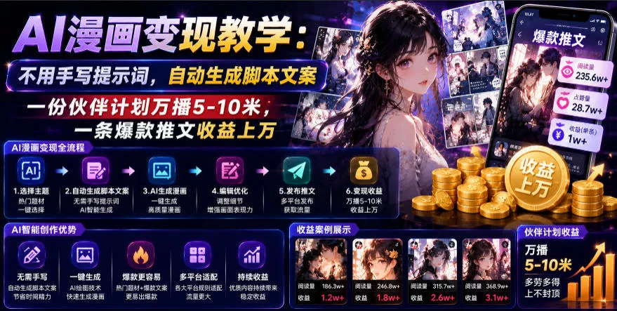 AI漫画变现教学：不用手写提示词，自动生成脚本文案，一份伙伴计划万播5-10米，一条爆款推文收益上W 一点学习助手-零基础自学教程-副业项目-兴趣学习-网盘拉新平台-英语启蒙项目资源网