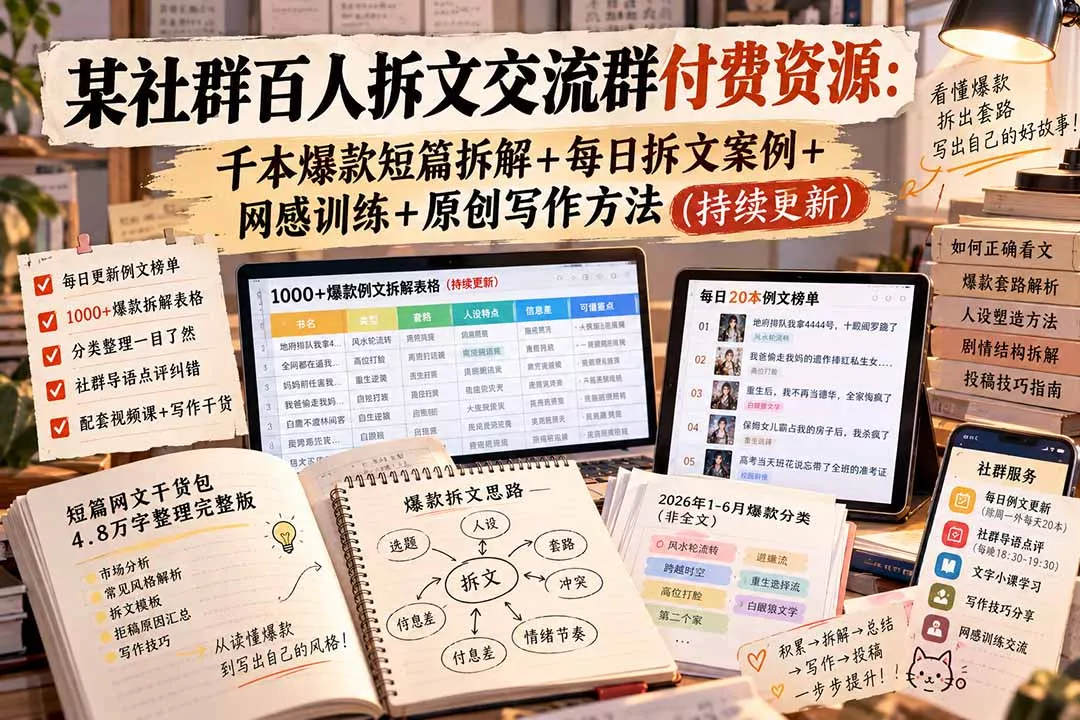某社群百人拆文交流群付费资源-更新0929：千本爆款短篇拆解+每日拆文案例+网感训练+原创写作方法 一点学习助手-零基础自学教程-副业项目-兴趣学习-网盘拉新平台-英语启蒙项目资源网