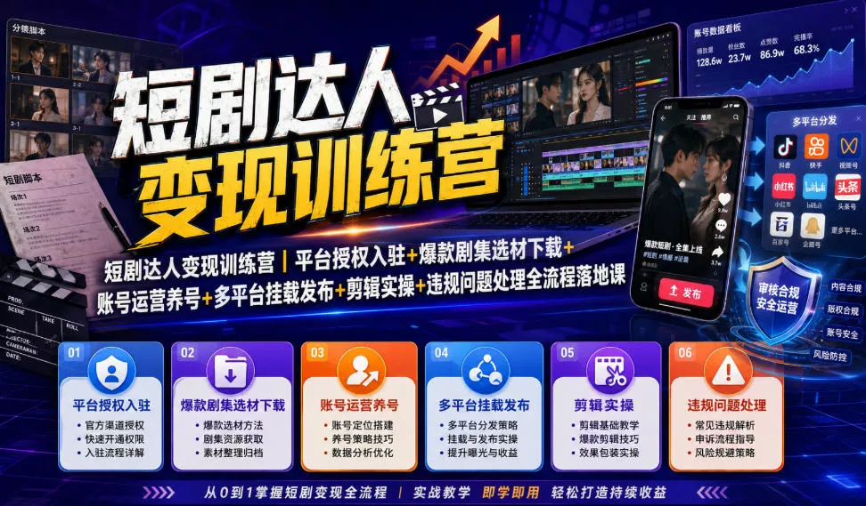 短剧达人变现训练营｜平台授权入驻+爆款剧集选材下载+账号运营养号+多平台挂载发布+剪辑实操+违规问题处理全流程落地课 一点学习助手-零基础自学教程-副业项目-兴趣学习-网盘拉新平台-英语启蒙项目资源网