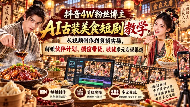 抖音4W粉丝博主AI古装美食短剧教学，从视频制作到剪辑实操，解锁伙伴计划、橱窗带货、收徒多元变现渠道 一点学习助手-零基础自学教程-副业项目-兴趣学习-网盘拉新平台-英语启蒙项目资源网