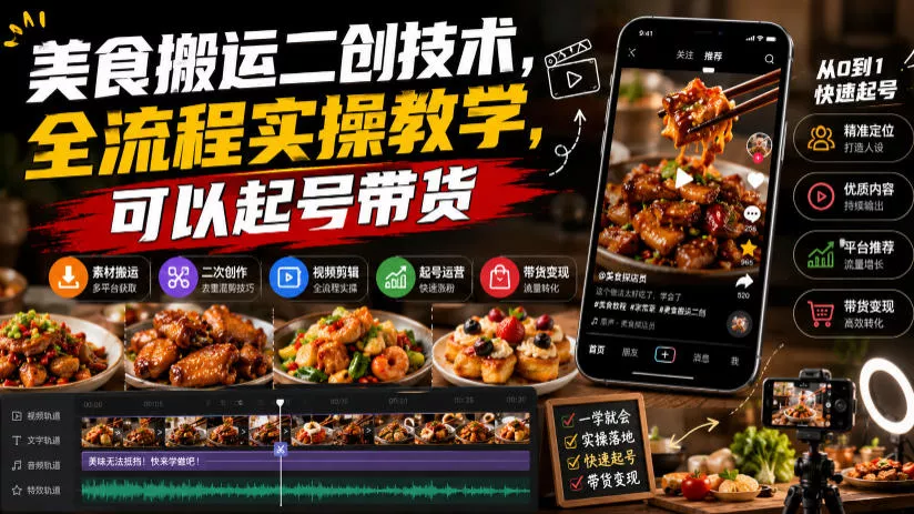美食搬运二创技术，全流程实操教学，可以起号带货 一点学习助手-零基础自学教程-副业项目-兴趣学习-网盘拉新平台-英语启蒙项目资源网